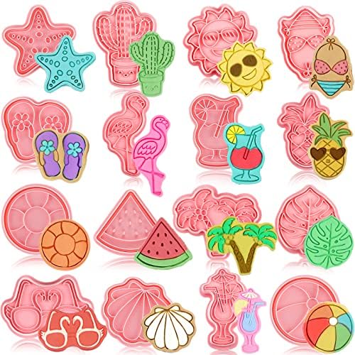 16 PCs Summer Beach Cookie Cutters com selos de pirrofado Conjunto de biscoito havaiano MOLD MOLD 3D FOODANT GOOKIE STAMPER