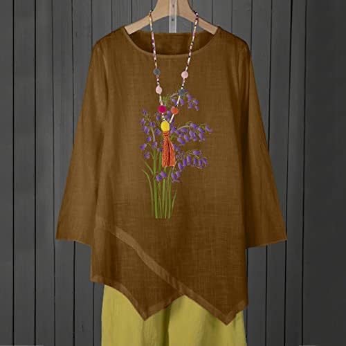 Linho de algodão feminino topo irregular de colher folgada pescoço versátil camisetas de manga longa camisetas florais casuais camisetas