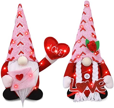 Decorações de gnomo do Dia dos Namorados - Sr. e Sra. Heart Gnomos Plexh com corda de luz LED para decoração do Dia dos Namorados -