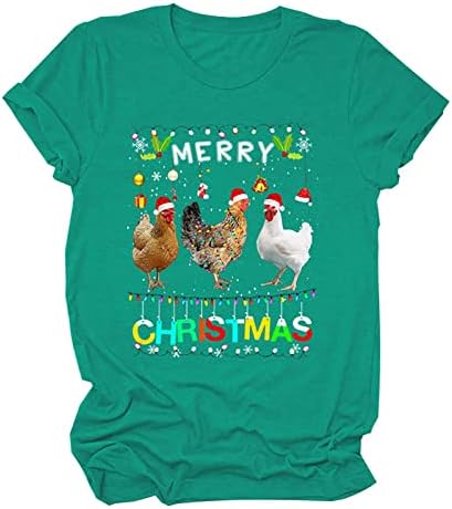 Camisetas de tee de manga curta de Natal feminina, tampas de frango feliz de Natal, camiseta de pullinat de haplover de santa