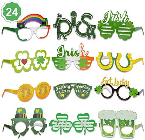 Óculos de Konsait St.Patrick Glitter Glitter Irish Decorativo Óculos Decorsses Faça Faça Celebração da Ficração de Fotos de Fotos Para a Festas de São Patrick Favorias de Favorias Decoração, Pacote de 24
