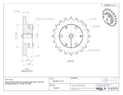 Tsubaki 60SDS20 Sprocket Chain, fita única, design de QD, bucha SDS necessária, 20 dentes, 60 ANSI No., pitch de 3/4