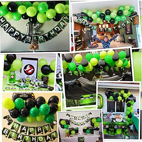 Kit de decoração de festas de aniversário de GUASSLEE 81PCS para meninos Banner Banner Green Ballons preto Garland Arch Kit e 2 balões de controlador de jogadores de folhas para decorações de festas de videogames para jogos de videogame