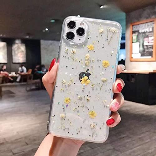 YTANAZING Projetado para iPhone 13 Pro Max Flower Case, Pressionado Flores reais Claro Case com design floral para garotas bonitas,