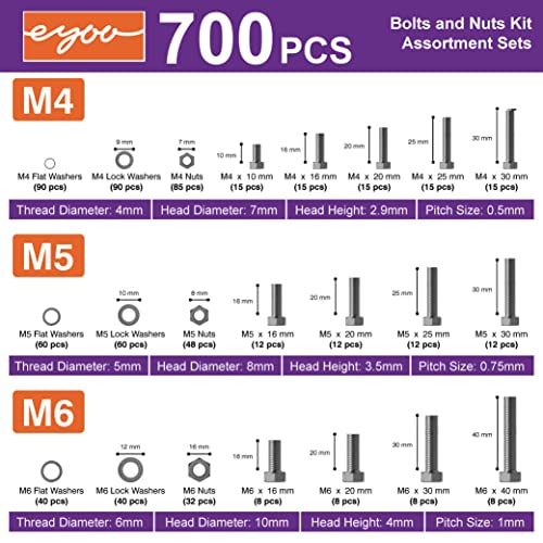 EYOO 700PCS M4 M5 M6 Parafuso, parafusos pesados ​​e kit de sortimento de nozes, 304 aço inoxidável, inclui 13 tamanhos mais