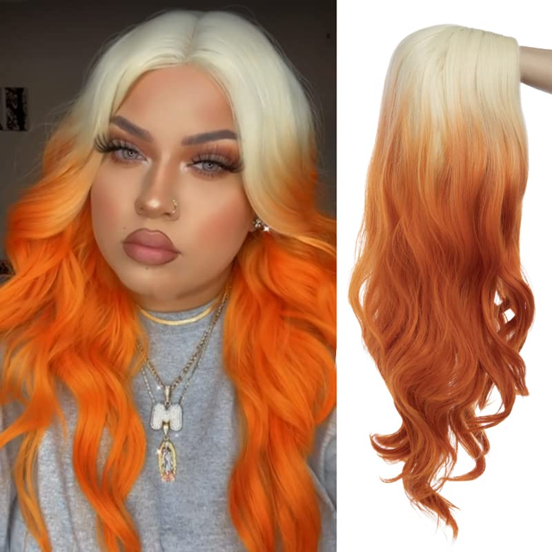Baruisi Platinum Blonde to Orange Wigs for Women Wavy Wavy Natural Synthetic Middle Part Halloween Cosplay Hair Wigs