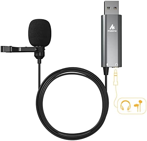 Microfone lavalier maono USB com fones de ouvido Jack, microfone onidirecional de clipe de lapela de computador para gravação,