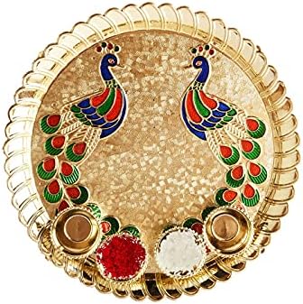 7,5 polegadas - forma redonda - design de impressão de pavões - trabalho minakari - diwali pooja thali - material acrílico - com