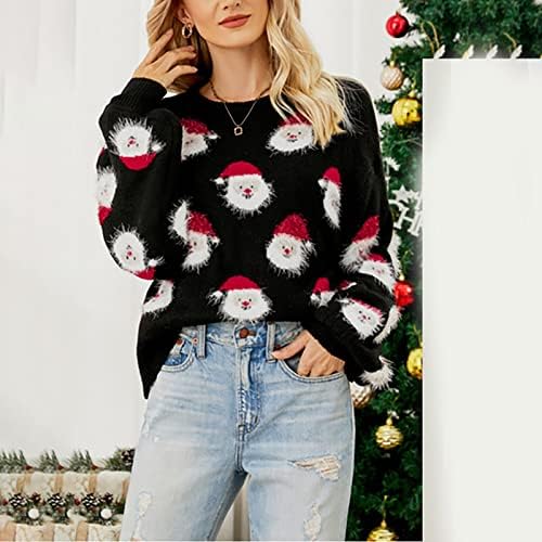 Pullover de suéteres femininos Papullover sólido Papai Noel Padrão de cabeça macia Round Round Christmas Women Gift Sweater