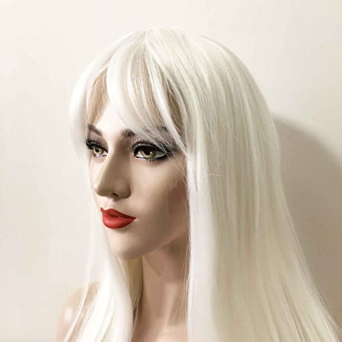 peruca branca reta e longa e longa com franja, perucas de cabelo sintéticas resistentes a calor para mulheres Halloween Party Party