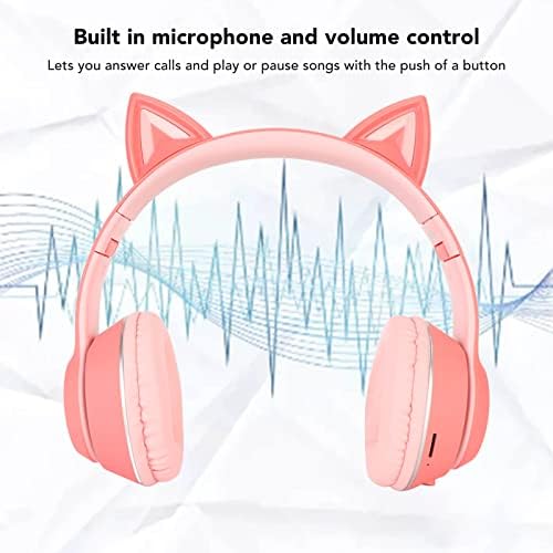 Fone de ouvido de orelha de gato puskei, fones de ouvido sem fio de modo com fio, fone de ouvido BT com microfone, luz de LED e controle de volume, para crianças adultos que usam