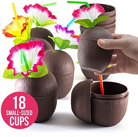 Prextex 18 Mini xícaras de coco para a festa infantil havaiana luau com canudos de flores Hibiscus - Tiki e Festa temática
