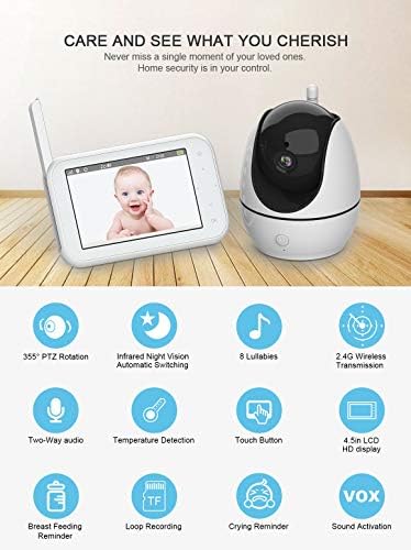 Monitor de bebê Zohan ABM200 com câmera e áudio, câmera remota de pan-tilt-tilt-tilt-tilt, visão noturna infravermelha, linha de transmissão de 984 pés, talkback bidirecional sem fio, lembrete de amamentação
