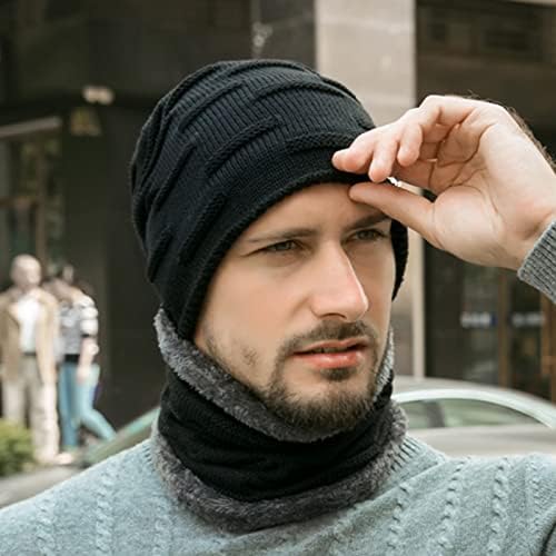 Hat de gorro de inverno quente e cachecol conjunto para homens lã de lã grossa forrada chapéu de chapéu de caveira de