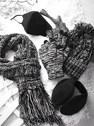 5 em 1 Inverno sets quentes sets de lã de lã de lã de lenço de teto de toque as luvas de tela mais quente ouvido capa quente para homens e mulheres preto
