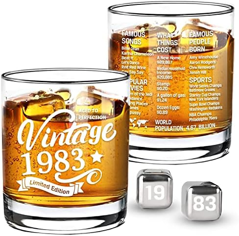 Voas antiquadas de vidro de 1983 1983 Informações antigas de 10,25 onças de uísque-40º aniversário com perfeição-40 anos presentes de bourbon scotch lowball antiquado-1pack