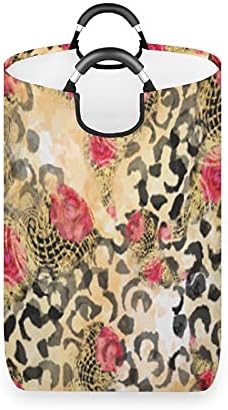 Lavanderia cesto de leopardo rosa flor dobra dobrável cesto de lavanderia impermeável bolsa de roupas sujas dobráveis ​​com alças