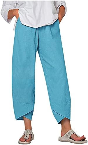 Zhuyou Womens Summer Cotton Linen calça de linho casual cintura larga harém calça calça de folga leve e folgada com bolsos