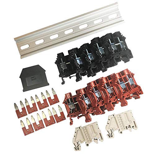 Kit de montagem Dinkle Dk10n Red/Black 10 Gangue com Jumpers DIN Terminal Rail Blocks, 6-20 AWG, 60 amp, 600 volts