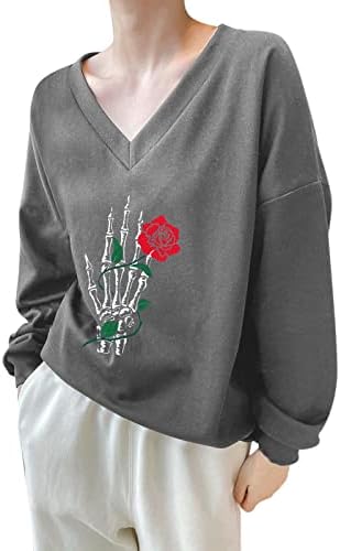 Belas de manga longa beuu v coloras de manga comprida camisas de Halloween para mulheres Jumpers de estampa floral engraçada Casual Tamas de pulôver de tamanho grande