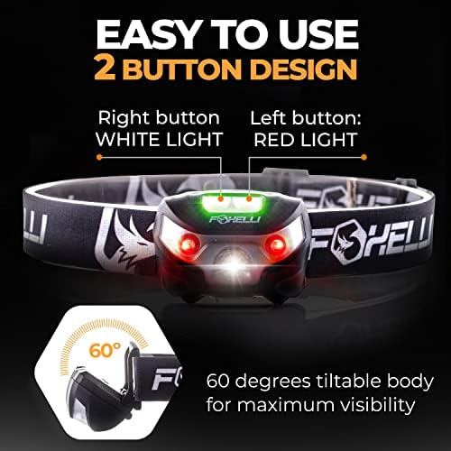 FOXELLI USB Recarregável lanterna de farol - luminária de cabeça LED super brilhante para corrida, acampamento e trabalho, luz leve e confortável para adultos e crianças