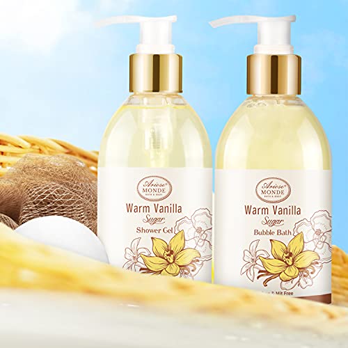 Conjunto de presentes de cesta de banheira e chuveiro, aroma quente de açúcar de baunilha, com gel de chuveiro, banheira