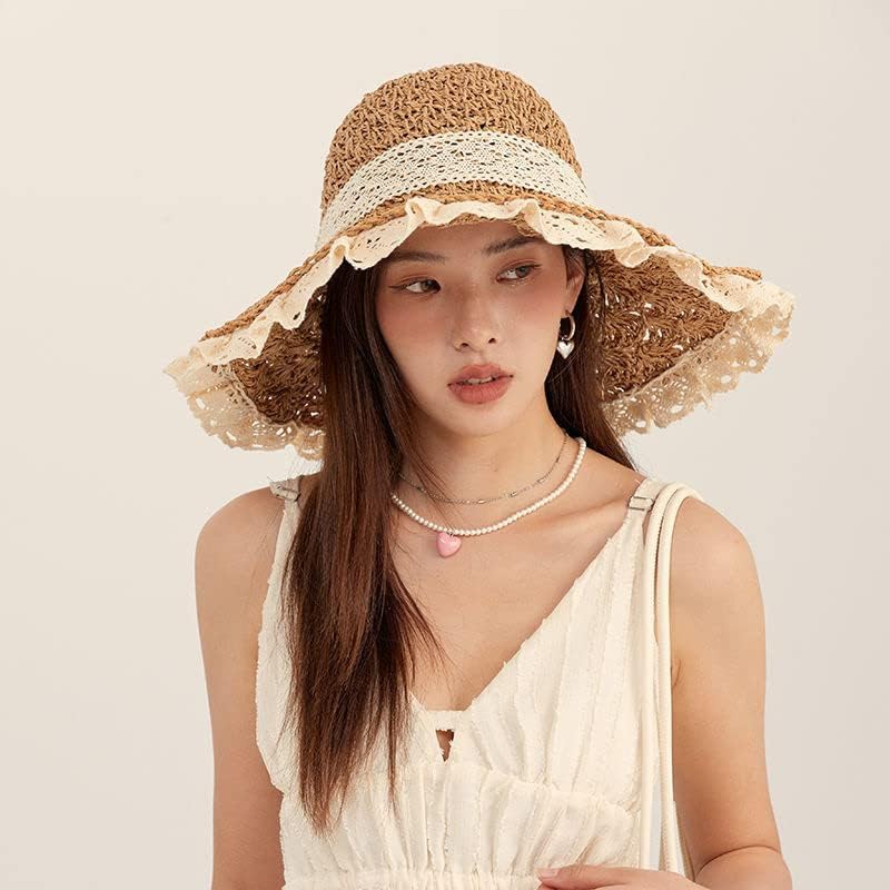 Womens Sun Hat Hat Fluppy large renda praia Cap upf 50+ Chapéus de sol dobráveis ​​de palha de viagem de verão para mulheres