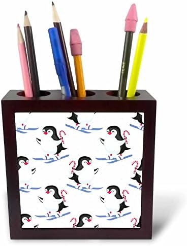 3drose fofo pinguins de natal em esquis segurando padrões de bastões de doces - titulares de caneta de telha