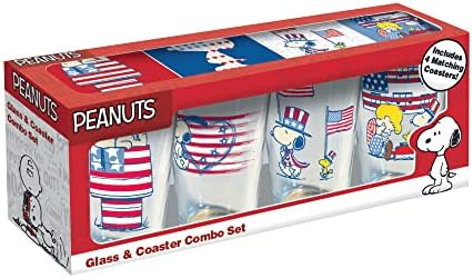 Vita Domi Patriótico Peanuts Snoopy Gifts 16oz Pint Glass Conjunto de 4 com montanha -russas | Óculos de cerveja da American Flag