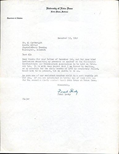 Frank Leahy assinou a carta de TLS autografada Notre Dame Beckett Bas C87856 - Assinaturas de corte da faculdade