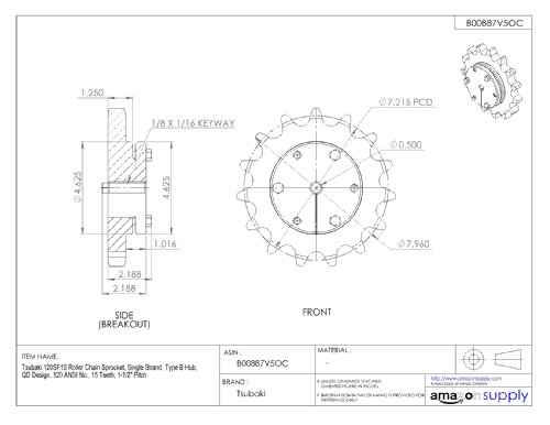 Tsubaki 120SF15 Roller Chain Sprocket, fita única, design QD, bucha SF necessária, 15 dentes, 120 ANSI No., pitch de 1-1/2