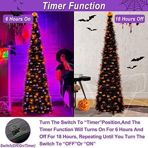 Turnmeon 5ft Black Tinsel Halloween Tree com 50 Luzes de corda roxa de laranja Timer Timer Pumpkin Ornament Top pop
