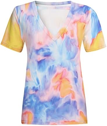 Camiseta feminina tingra de tinta arco -íris hollow ou pescoço camisetas de manga curta de verão tops básicos tshirts belous