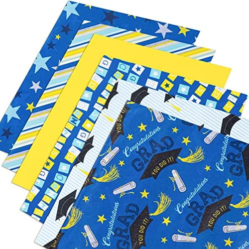 Papel de papel de graduação wrapaholic Bulk - 60 folhas de papel de embrulho de papel azul e amarelo parabéns graduação