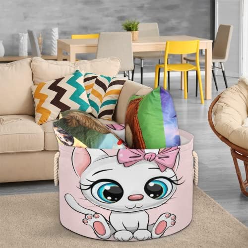 Cestas de gato rosa fofas grandes cestas redondas para cestas de lavanderia de armazenamento com alças cestas de armazenamento de cobertor para caixas de prateleiras para o banheiro para organizar um cesto de berçário menino menino