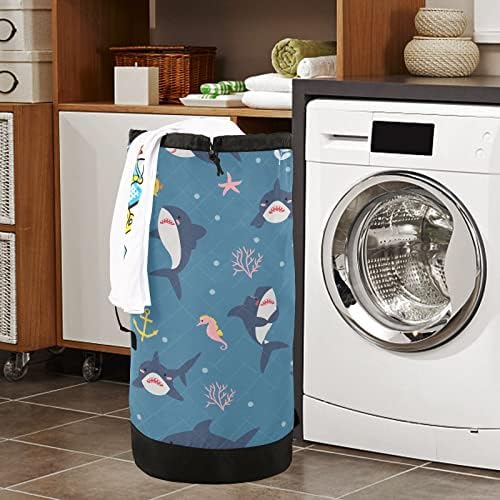 Mochila de lavanderia com estampa de tubarão azul com tiras de ombro Organizador de roupas sujas Extra -de -corpo