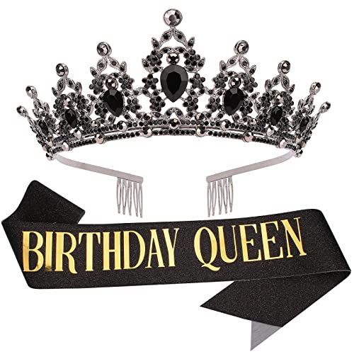 Rainha de aniversário Sash e Tiara for Women Crystal Tiara e Kit de cetim para garotas Reth Rhinestones Crown with pente