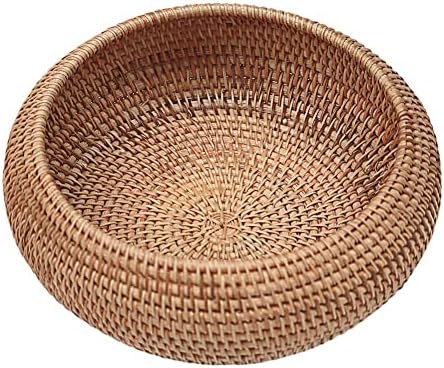 Caixa redonda de vime redonda à mão com tampa, bandeja de armazenamento de mesa de mesa de cesta de vime de vime