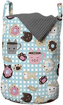 Bolsa de lavanderia de gatos e ratos de Ambesonne, padrão repetitivo de bolos de padaria inspirados no estilo kawaii e rostos de