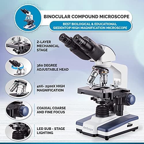 Microscópio de composto binocular de laboratório LED AMSCOPE 40X-600X e câmera de 3MP