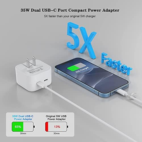 [Apple MFI Certified] IPhone Fast Charger, 35W Dual Usb-C Porta Adaptador de energia dobrável Bloco de carregador de parede Rápida com cabo USB-C de 10 pés para um cabo de carregamento de raios para iPhone14/13/12/11/xr/x/ipad AirPods
