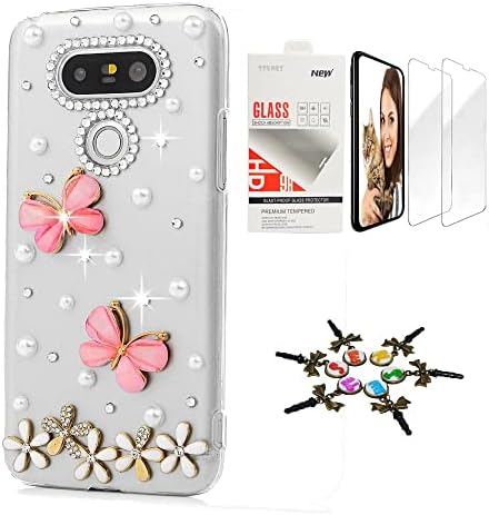 Estojo de bling stenes compatível com LG Aristo 2 - Stylish - 3D Made [Sparkle Series] Butterfly Flowers Floral Design Cover com protetor de tela [2 pacote] - rosa
