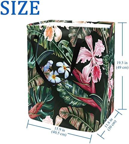 Folhas tropicais e flores exóticas impressam cesto de roupa colapsável, cestas de lavanderia à prova d'água de 60L