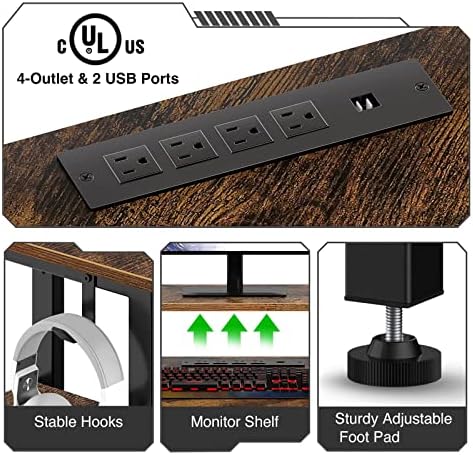 Rolanstar Computer Desk 56 Com tomadas de energia portas USB e tira de LED, mesa reversível em forma de L com suporte de monitor