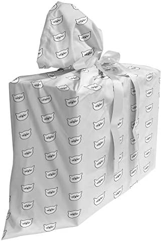 Saco de presente de tecido cinza e branco lunarável, padrão temático minimalista engraçado com cabeças de gato em cenário pastel, saco presente para festas de nascimento com 3 fitas, 27, cinza pálido e branco