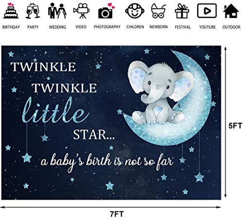 Twinkle Twinkle Little Star Baby Church Beddrop Blue Elephant Pacotographs Caso -cenário para menino Bancário de festas com tema de elefante de elefante de 7x5 pés