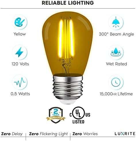 Lâmpadas amarelas de Luxrite S14 Edison LED, 0,5W, lâmpadas LED coloridas para luzes de cordas externas, listadas UL, base E26, externo interno, decoração, festa, férias, lâmpadas de reposição de luz