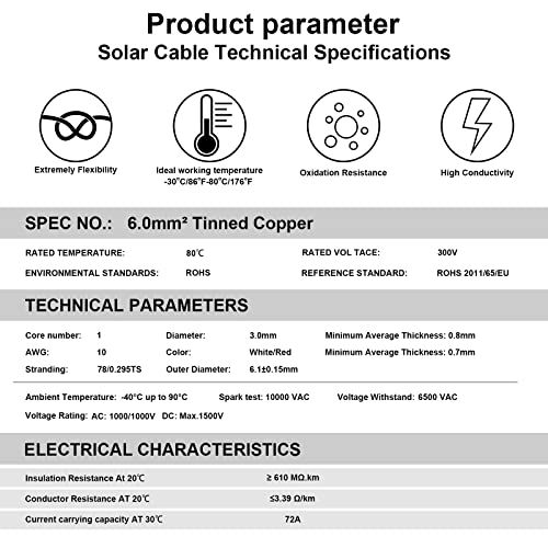 Fio do painel solar - 60 pés 10AWG Extensão solar Cabo, fio PV de cobre em estanho para painéis solares para RV Boat Marine Automotive