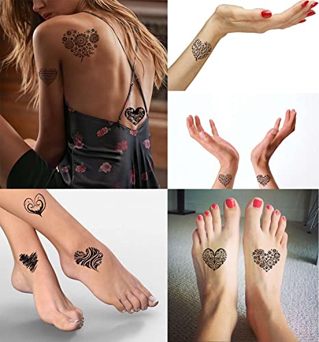 Tattoonova coração 18 folhas de tatuagens temporárias para adultos homens e mulheres preto e branco todos os tipos de amor