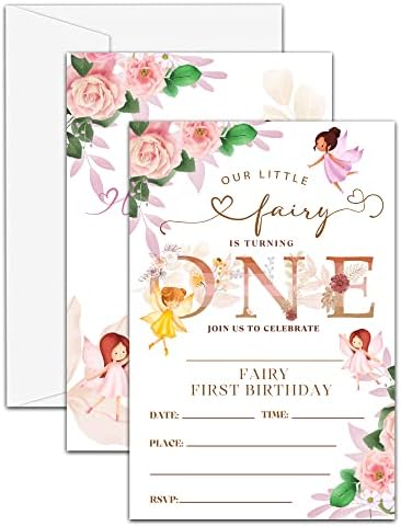 1st Fairy Birthday Party Convites, convites mágicos de aniversário de fada do jardim para meninas, blush rosa Floral preenchimento convites, decorações de festas de 1º aniversário, conjunto de 20 cartões com 20 envelopes